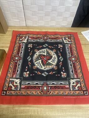 Vintage Wamcraft Red Southwest Native American 21.5” Square Bandana Made In USA